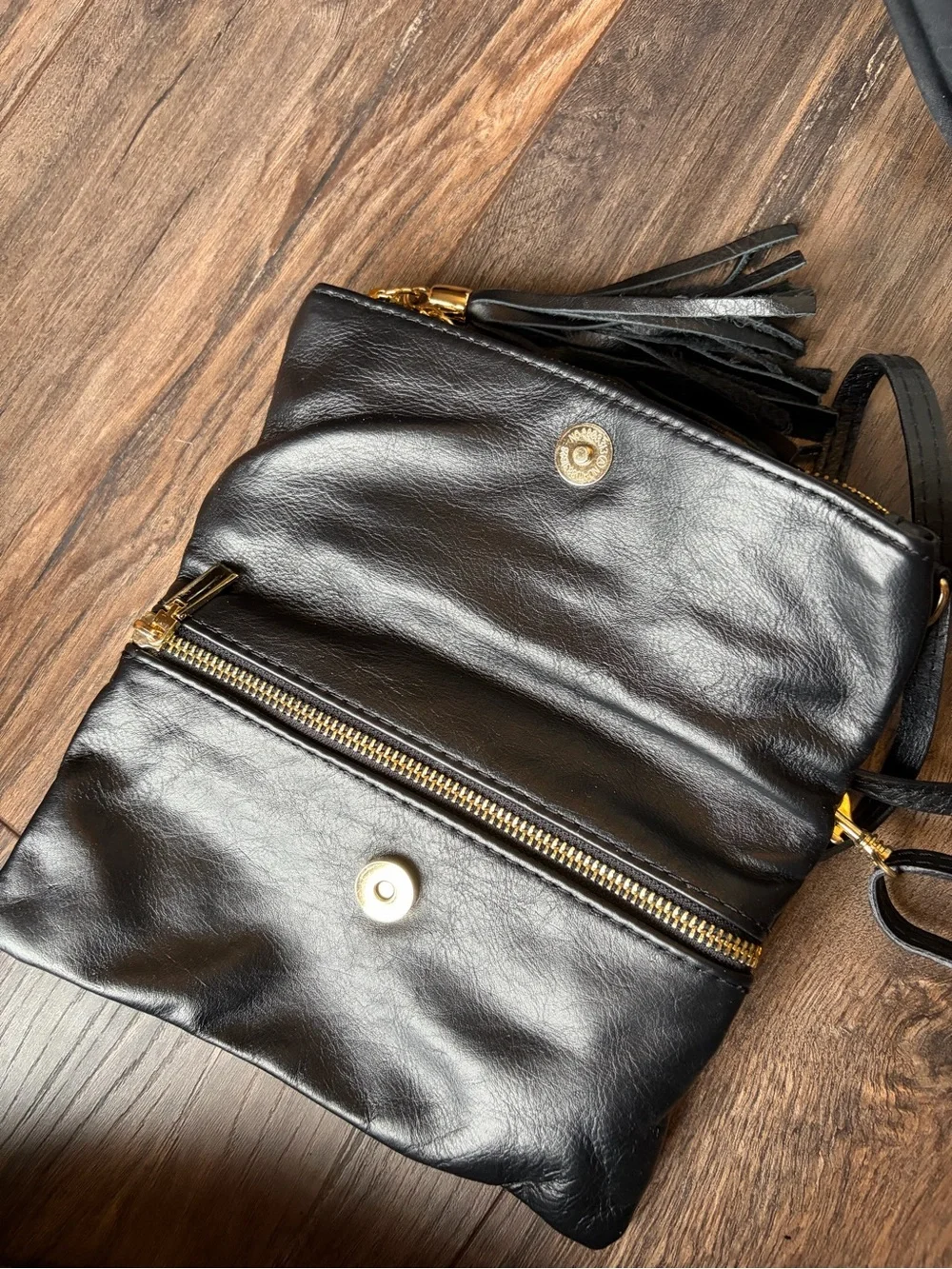 Black Leather Crossbody Bag with Tassels - Made and bought in Italy - Picture 3 of 5